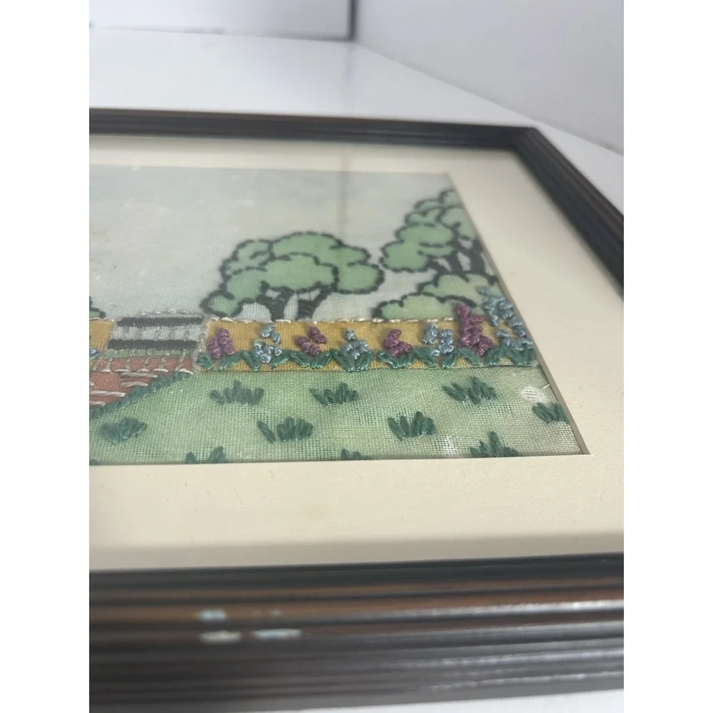 Vintage needle‎ point picture floral wood antique Framed 11x14 tapestry Farm